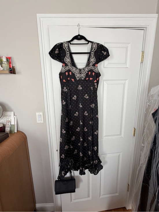 Free People Dresses & Skirts - Free People Black Floral Lace-Trim Midi Dress with Floral Accents